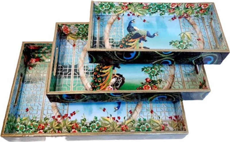 inkredia Wooden Peacock Serving Tray Set Tray  (Pack of 3)