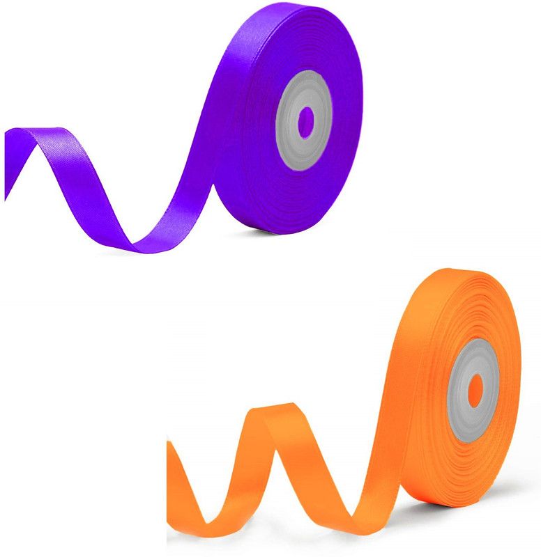 Adhvik Pack of 2 (1.2cm X 18 Mtr) Satin Ribbon for Parties Decoration (Purple & Orange) Purple, Orange Satin Ribbon  (Pack of 2)