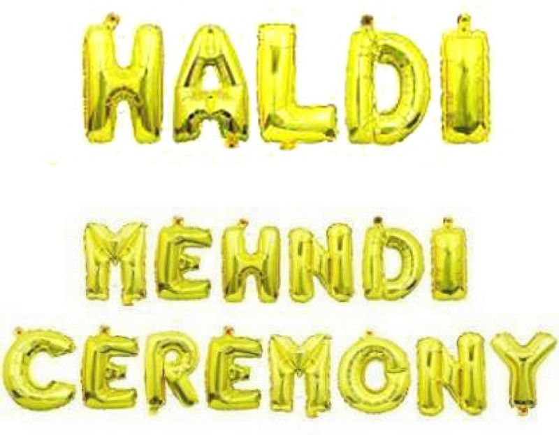Bal samrat Solid HALDI MEHNDI CEREMONY Decoration Golden Alphabet Foil Balloon For Birthday/Celebration/Surprise/Wedding/Haldi/ Mehndi Ceremony Party Letter Balloon  (Gold, Pack of 19)