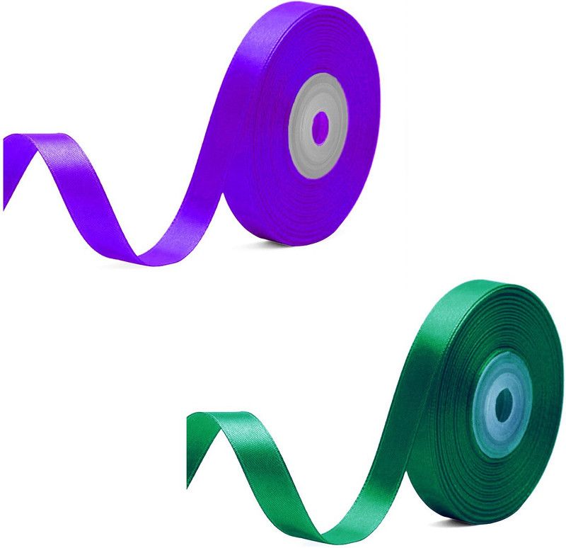 Adhvik Pack of 2 (1.2cm X 18 Mtr) Satin Ribbon for Party Decorations (Purple & green) Multicolor Satin Ribbon  (Pack of 2)