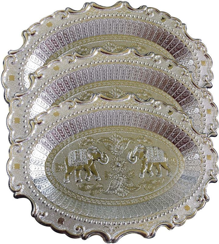 MADHULI Elephant Design Serving Tray, Traditional Serving Tray, Silver Finsih Serving Tray, Designer Serving Platters, Decorative Serving Tray, Tray for Serving, Dry Fruit Tray (3 Pieces) Tray  (Pack of 3)