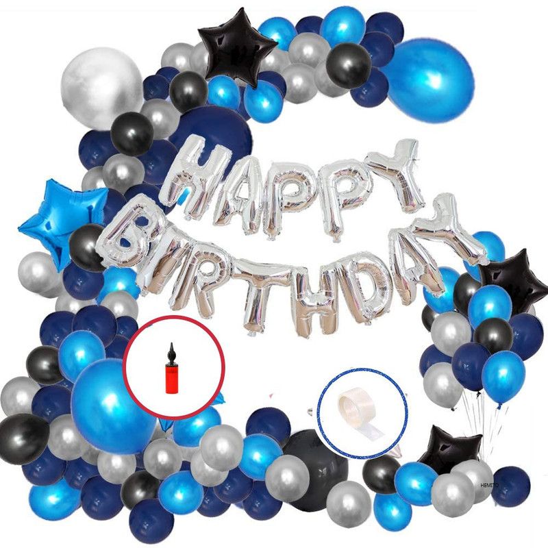 Hemito Solid 45 Pcs Combo -Blue, Black and Silver Metallic Balloons with Air Pump + Happy Birthday Letter Foil + Glue Dot| Birthday Decorations Kit Balloon  (Black, Silver, Blue, Pack of 45)