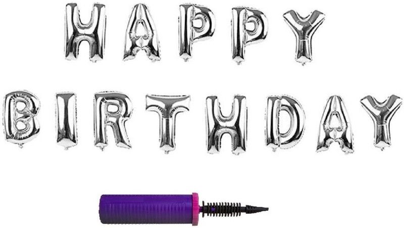 Party Anthem Solid Silver "HAPPY BIRTHDAY" Letters Foil Balloons- 12 inches with Balloon Pump - Set of 14 Pieces Letter Balloon  (Silver, Pack of 14)