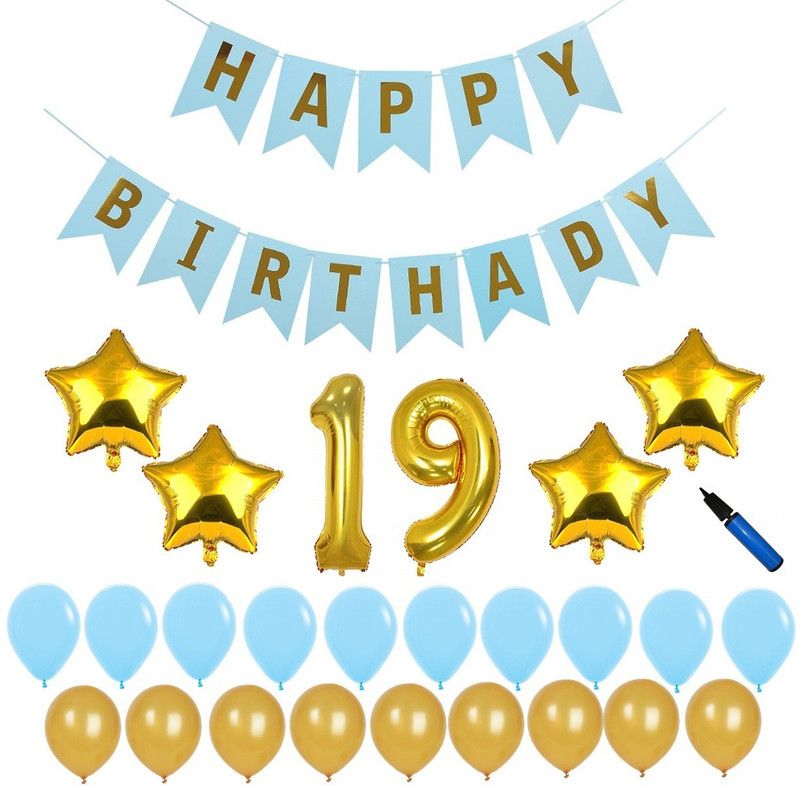 Bash N Splash Solid Blue & Gold 19th Happy Birthday Party Decoration Pack with pump 19 (Pack of 57) Balloon  (Blue, Pack of 57)
