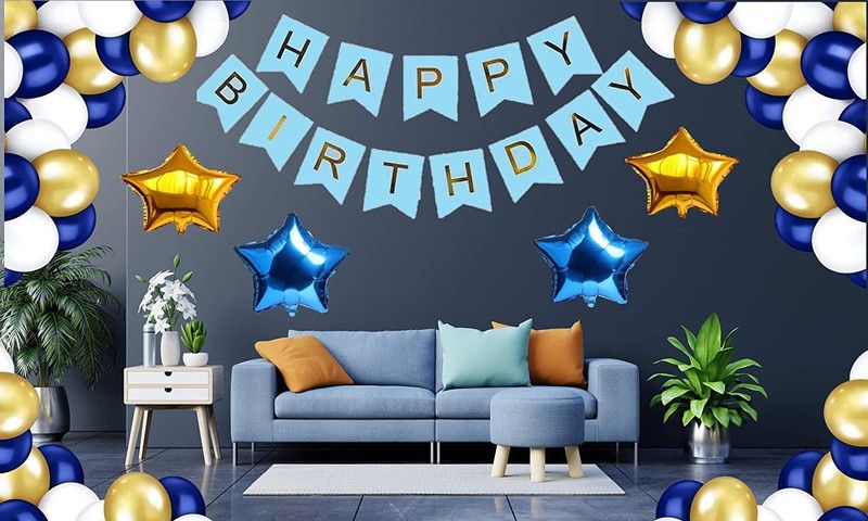 FANEX Solid Happy Birthday Decoration Items or Kit Blue Banner Set of 13 Letters, 2 Gold Foil Star,2 Blue Foil Star and 30 HD Metallic Royal Blue , Gold & Silver Balloons Decoration Balloon  (Blue, White, Gold, Pack of 35)