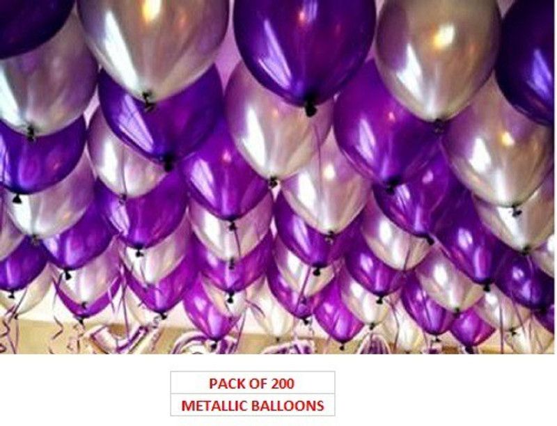 GNGS Solid Metallic Anniversary Party Decoration (Silver, Purple) Pack of 200 Balloon  (Silver, Purple, Pack of 200)