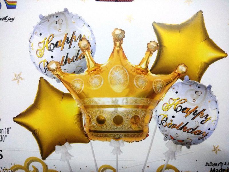 HBD Printed Printed Kids, Boys, Prince Theme Happy Birthday Crown Foil Balloons with Golden Foil Star and Round Shape Foil Balloon Combo Bouquet for Birthday Celebration Balloon Bouquet (Gold, Multicolor, Pack of 5) Balloon  (White, Pack of 5)