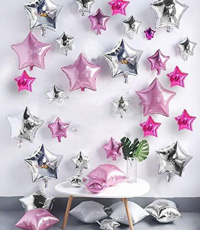XBH Solid Star Shape Foil Balloons for Party & Wall Decoration Balloon  (Pink, Silver, Pack of 40)