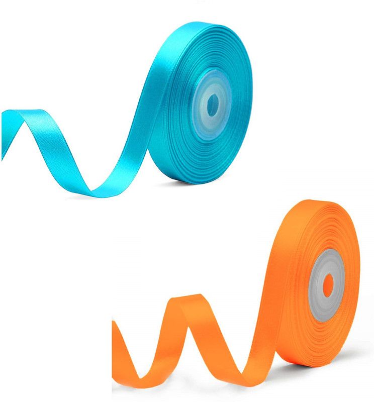 Adhvik Pack of 2 (1.2cm X 18 Mtr) Satin Ribbon for Parties Decoration (Blue & Orange) Multicolor Satin Ribbon  (Pack of 2)