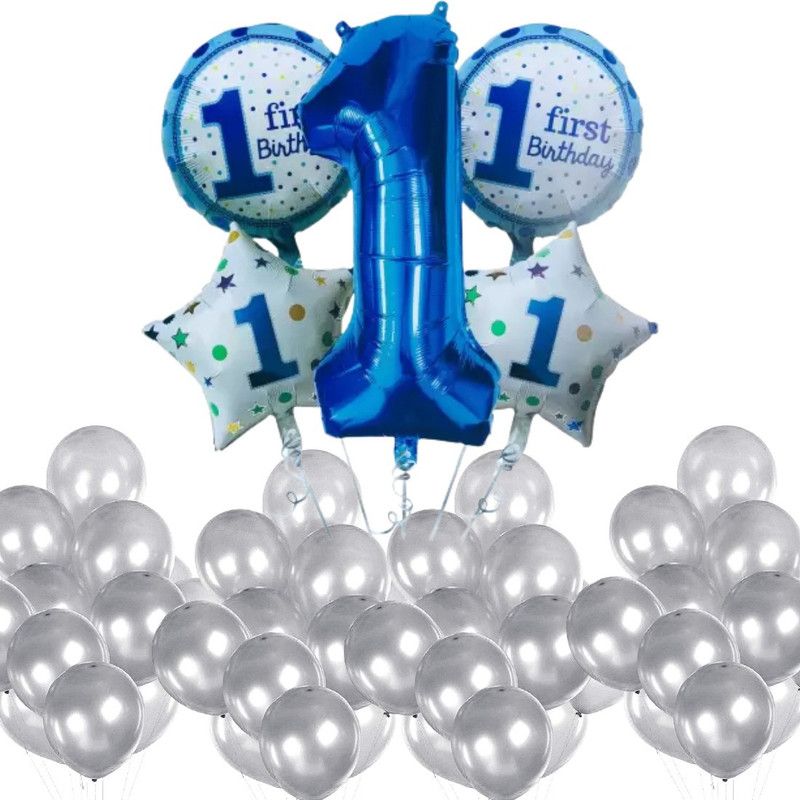 B4 Printed First Birthday Boy Decoration Combo with 50 Silver Party Balloons Balloon  (Silver, Pack of 55)