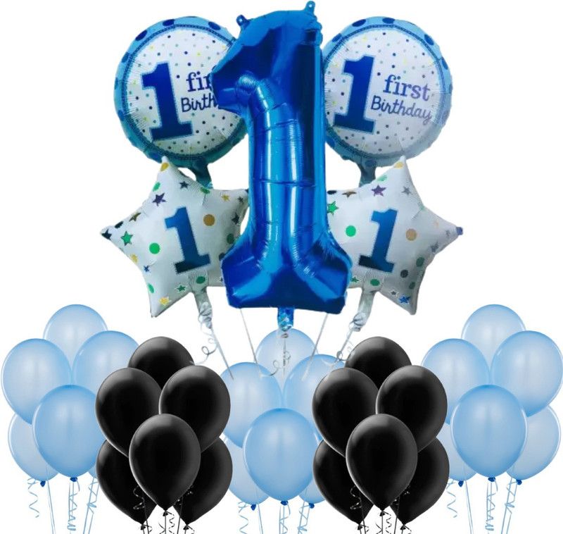 B4 Printed First Birthday Boy Decoration Combo with 50 Light Blue,Black Party Balloons Balloon  (Blue, Black, Pack of 55)
