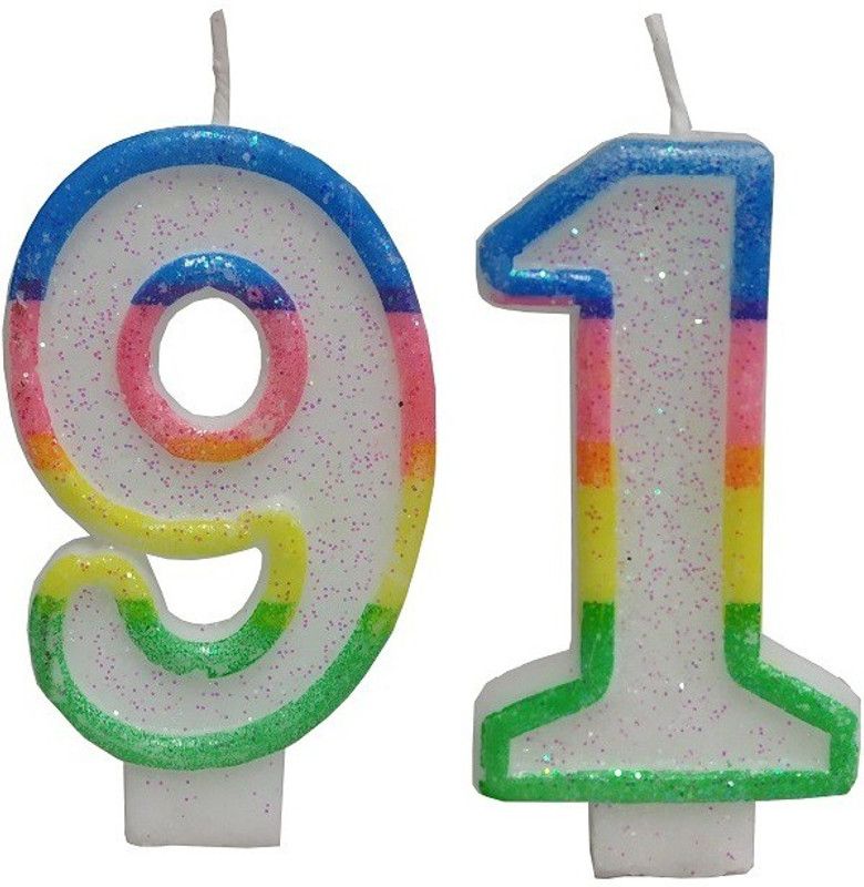 Stylewell Two Digit ( Number 91 ) Rainbow Border Glitter Candle for Birthday, Anniversary Cake Candle  (Multicolor, Pack of 2)