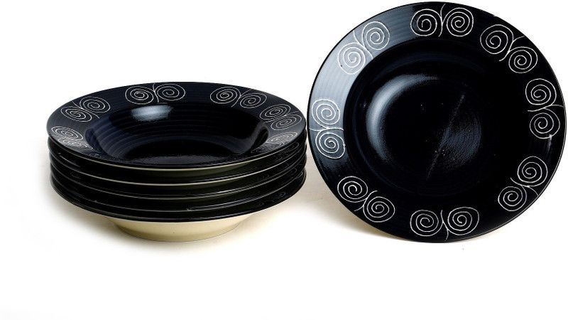 caffeine Ceramic Handmade Black Doodle 9 inch Charger Plate  (Pack of 6, Microwave Safe)