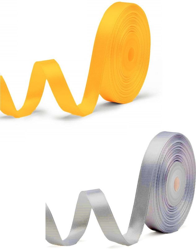 Adhvik Pack of 2 (1.2cm X 18 Mtr) Satin Ribbon for Parties Decoration (Grey & Yellow) Multicolor Satin Ribbon  (Pack of 2)