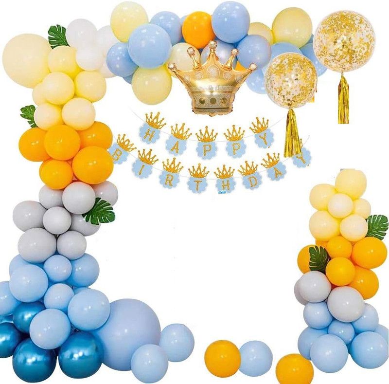 Bash N Splash Solid Blue yellow Pastel Happy birthday Prince decoration with Crown & Confetti balloon(Pack of 66) Letter Balloon  (Blue, Yellow, Grey, Gold, Pack of 66)