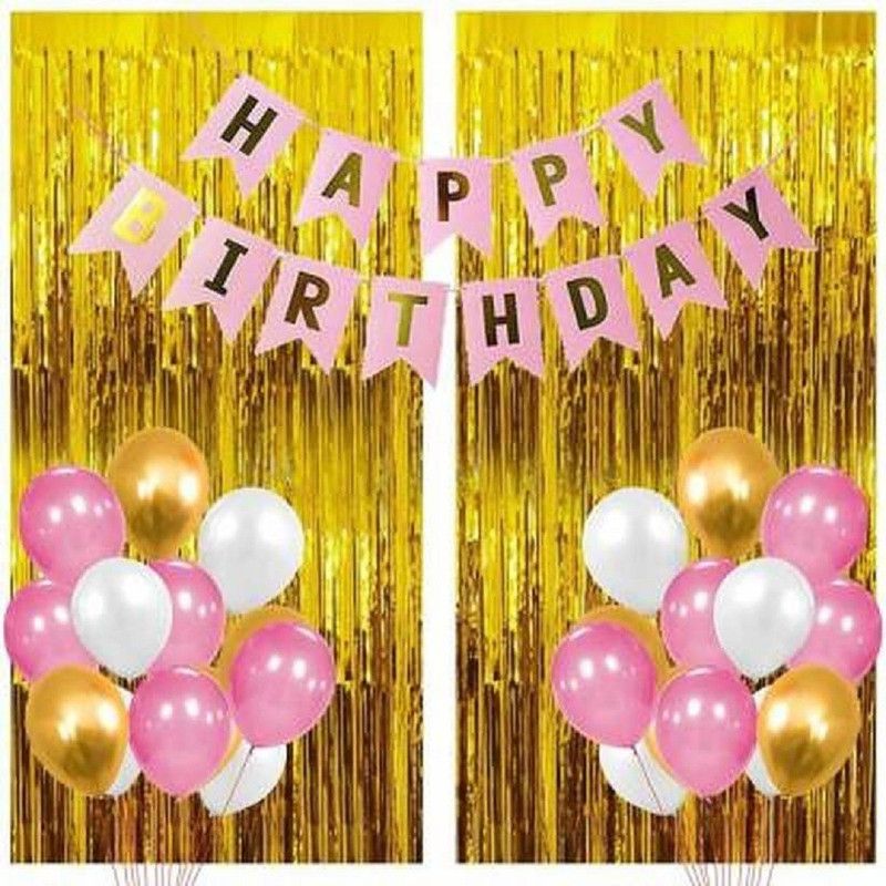 Trixzoom Solid Gold Metallic Fringe Shiny Curtains Pink Happy Birthday Banner with Latex and Star Foil Balloons Decoration Kit Balloon (Gold, Black, Pack of 55) Letter Balloon  (Pink, Pack of 55)