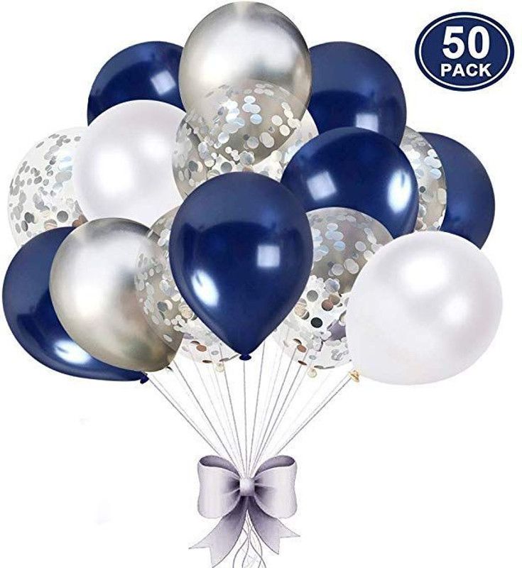 Craftcape Solid Deep Blue, Grey, White and Silver Confetti Balloon Bouquet  (Blue, Grey, White, Silver, Pack of 50)