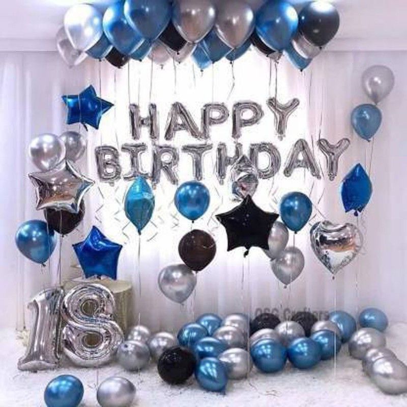 Trixzoom Solid 1 packet of silver HBD banner(13 letters) and 30 metallic balloon Balloon  (Blue, Silver, Black, Pack of 43)