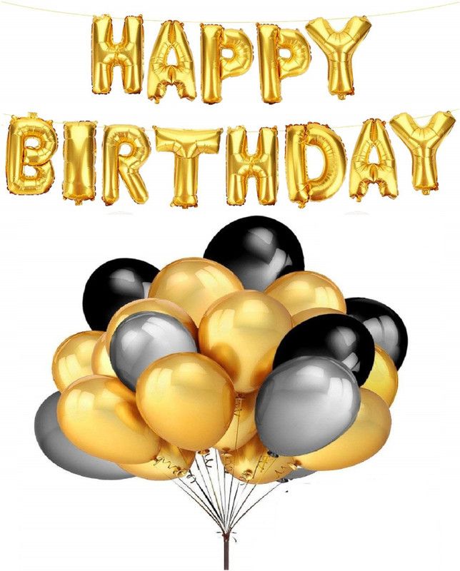 Utility World Solid Party ProductsHappy Birthday Foil Balloons letter and HD Metallic Finish Balloons for Party Decoration - 100pc (Black & golden) Balloon  (Multicolor, Pack of 100)