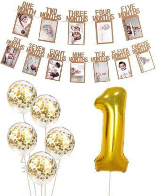 Hemito Solid 7pcs 1st Happy Birthday Decorations Items Set - Large Number 1 Foil Balloon and 5 Premium Gold Confetti Balloons with Milestone Banner for 1st Birthday Decorations for Boys Girls Wife Adult Husband Mom Dad Balloon  (Gold, Pack of 7)