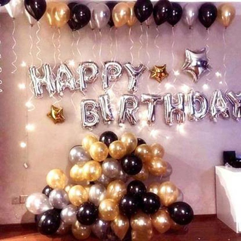 FANEX Solid HAPPY BIRTHDAY SILVER 30 BALLON SILVER BLACK GOLD PACK 43 Letter Balloon  (Black, Gold, Silver, Pack of 43)