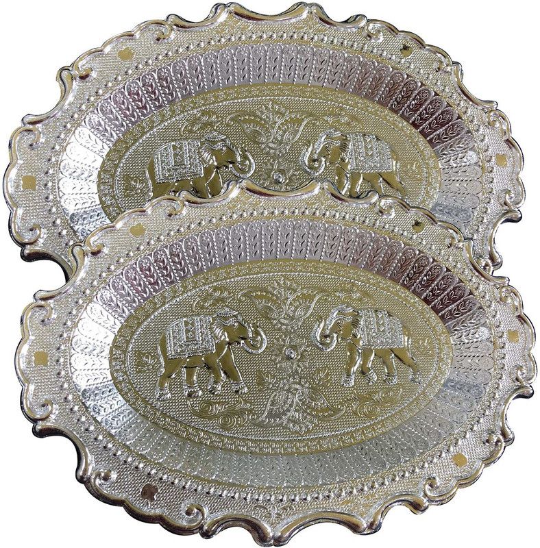 MADHULI Elephant Design Serving Tray, Traditional Serving Tray, Silver Finsih Serving Tray, Designer Serving Platters, Decorative Serving Tray, Tray for Serving, Dry Fruit Tray (2 Pieces) Tray  (Pack of 2)
