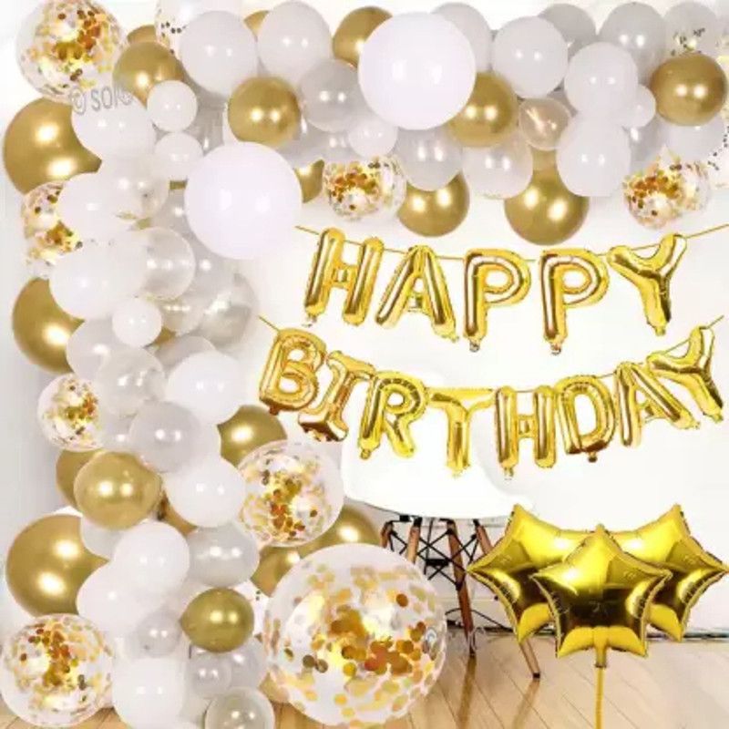 Occasion Makers Solid Happy Birthday Letters Foil Balloons with HD Metallic & Foil Star Balloon  (White, Gold, Pack of 51)