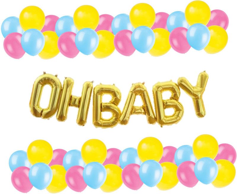Bash N Splash Solid Pink Blue Yellow Balloons with Gold Oh Baby letter Foil Balloon Pack of 60 Letter Balloon  (Gold, Yellow, Blue, Pink, Multicolor, Pack of 60)
