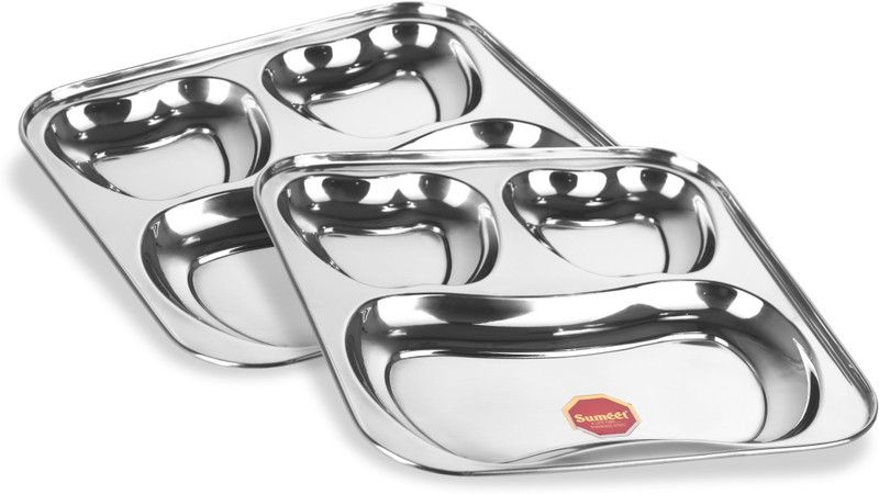 Sumeet Stainless Steel 3 in 1 Pav Bhaji Plate / Compartment Plate 21.5cm Dia - Set of 2 Pcs Sectioned Plate  (Pack of 2, Microwave Safe)