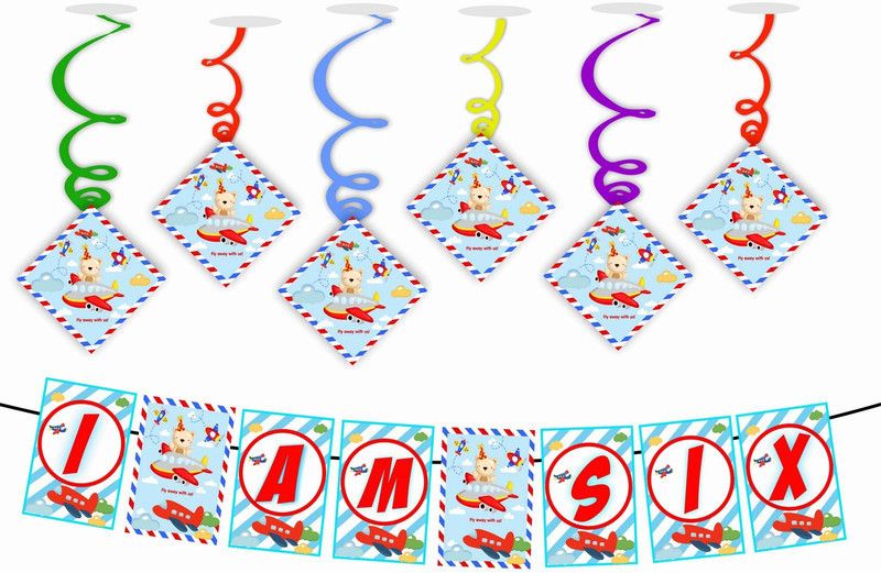 Balloonistics Aeroplane Theme I am Six Kids 6th Birthday Banner and Swirls for Kids Birthday Decoration Backdrop Photo Shoot Backdrop and Theme Party 1 Banner and 6 Swirls Banner  (6 ft, Pack of 1)