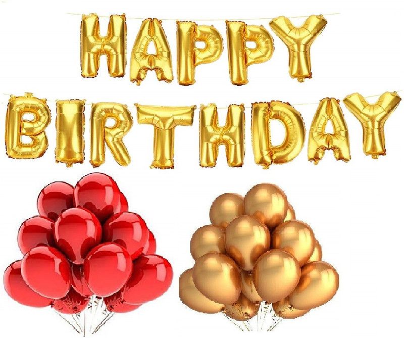 Utility World Solid Party ProductsHappy Birthday Foil Balloons letter and HD Metallic Finish Balloons for Party Decoration - 200pc (Multicolor) Balloon  (Red, Gold, Pack of 200)