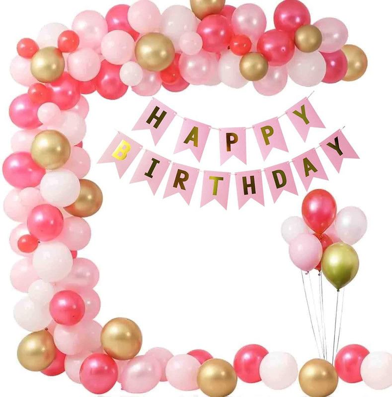Realistic Store Printed Happy Birthday Decoration Kit Combo with Birthday Pink Banner & 30Pcs Red, Pink & Gold Metallic Balloons Balloon  (Red, Pink, Gold, Pack of 31)