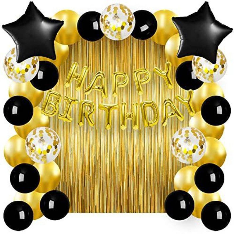 Realistic Store Printed Happy Birthday Golden Foil Letter Balloon & Fringe Foil Curtain & Star With HD Metallic 30 Pcs Black & Gold Balloons For Girls Decoration kit Letter Balloon  (Multicolor, Pack of 52)