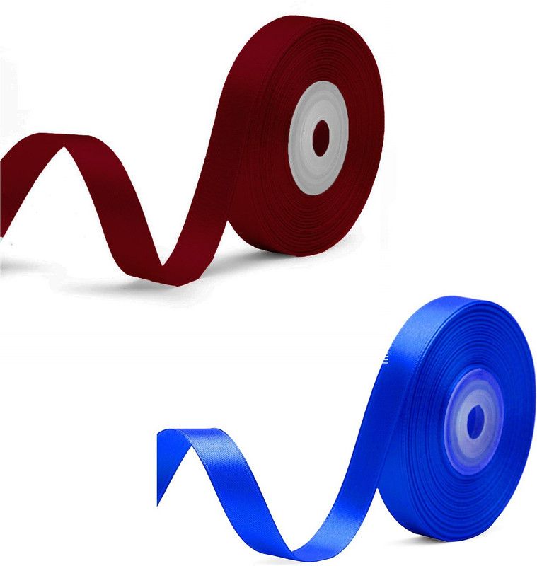 Adhvik Pack of 2 (1.2cm X 18 Mtr) Satin Ribbon for Party Decorations (Maroon & Blue) Multicolor Satin Ribbon  (Pack of 2)