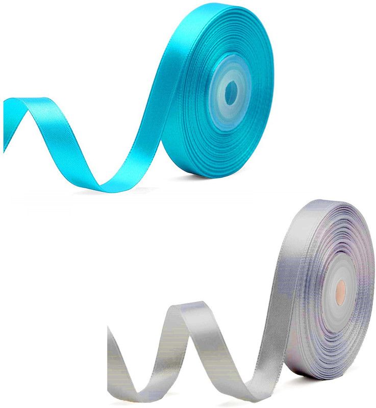 Adhvik Pack of 2 (1.2cm X 18 Mtr) Satin Ribbon for Party decoration Craft (Grey & Blue) Multicolor Satin Ribbon  (Pack of 2)
