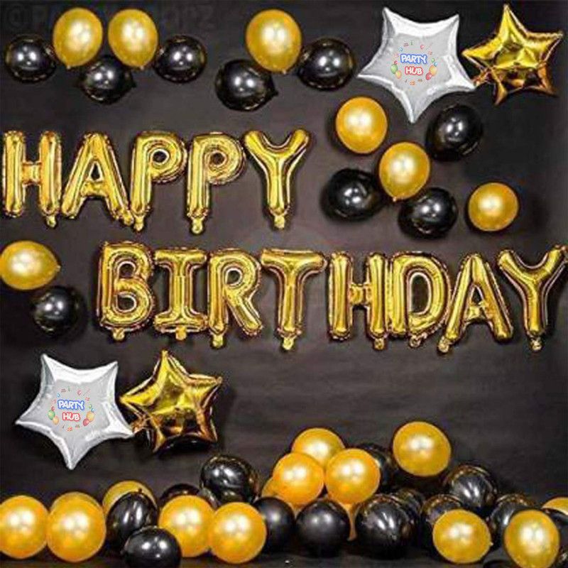 Party Hub Solid Solid Happy Birthday Foil balloon Set Of 47 Balloons 13 Happy Birthday Foil Balloon 2 Gold 2 Silver Star Foil Balloon 18" 30 Black Gold Metallic Balloon Balloon  (Multicolor, Pack of 47)