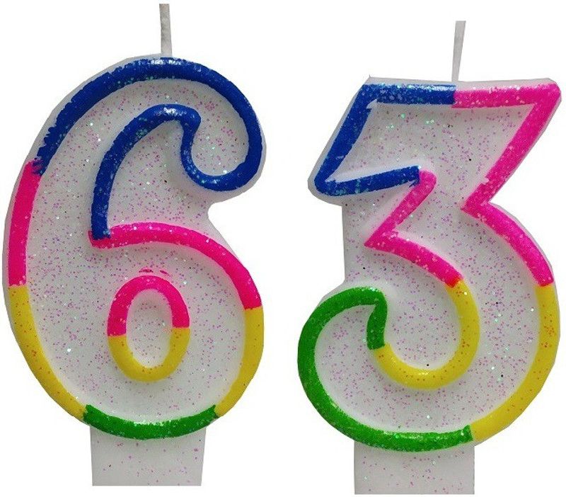 Stylewell Two Digit ( Number 63 ) Rainbow Border Glitter Candle Candle  (Multicolor, Pack of 2)