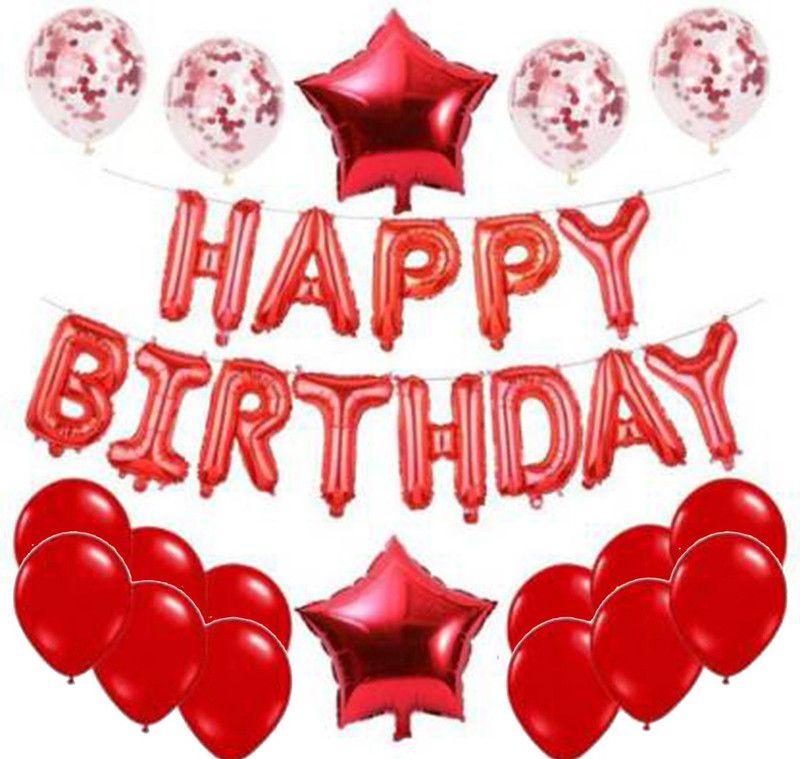 SOI Solid Happy Birthday Foil Red with HD Metallic & Confetti Balloons with Foil Star Decoration Kit Balloon  (Red, Pack of 32)