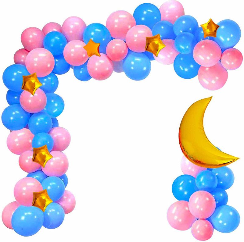 Party Propz Solid Baby Shower Blue-Pink Metallic Balloons Arc with Golden Moon Star Foil Combo 67Pcs for Gender Reveal, Baby Boy Or Girl 1st Birthday, House Warming Party Decoration Balloon  (Multicolor, Pack of 67)