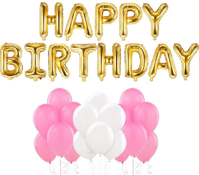 Wonder Solid Birthday Decoration Balloons 16inch Gold Foil Happy Birthday, 50 Pastel Pink White Party Balloons for boy,girl,wife,husband Balloon  (Gold, Pink, White, Pack of 63)
