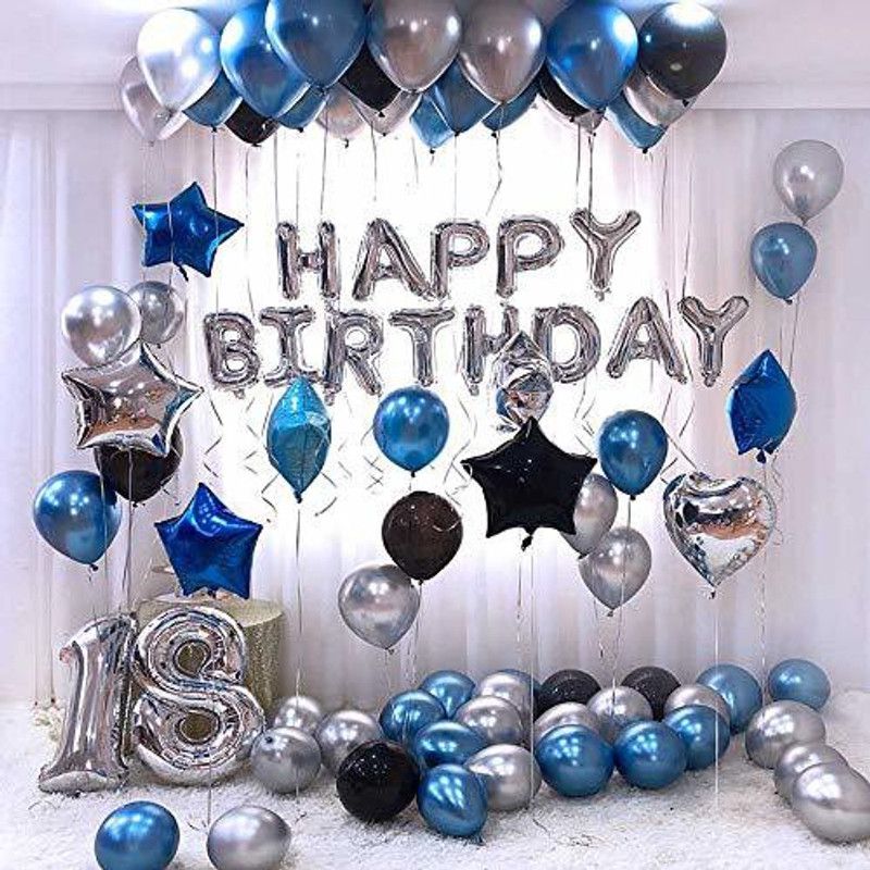 Anayatech Solid Happy Birthday Foil Balloon Silver Metallic Balloons Blue, Black and Silver Letter Balloon (Silver, Black, Blue, Pack of 63) plus 18 birthday number foil balloon Balloon  (Black, Blue, Silver, Pack of 63)