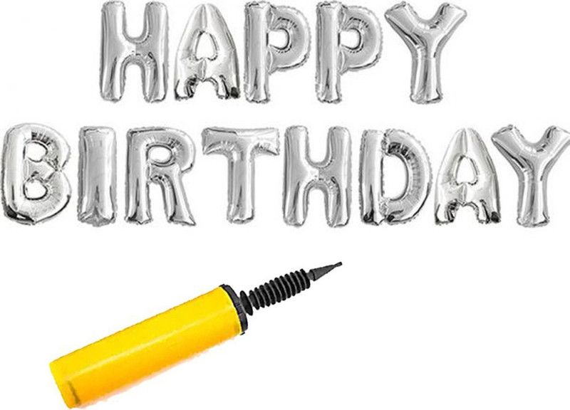 Just Flowers Solid Happy Birthday Sikver Foil Balloon 13 Letter with Balloon Pump Letter Balloon  (Silver, Pack of 1)