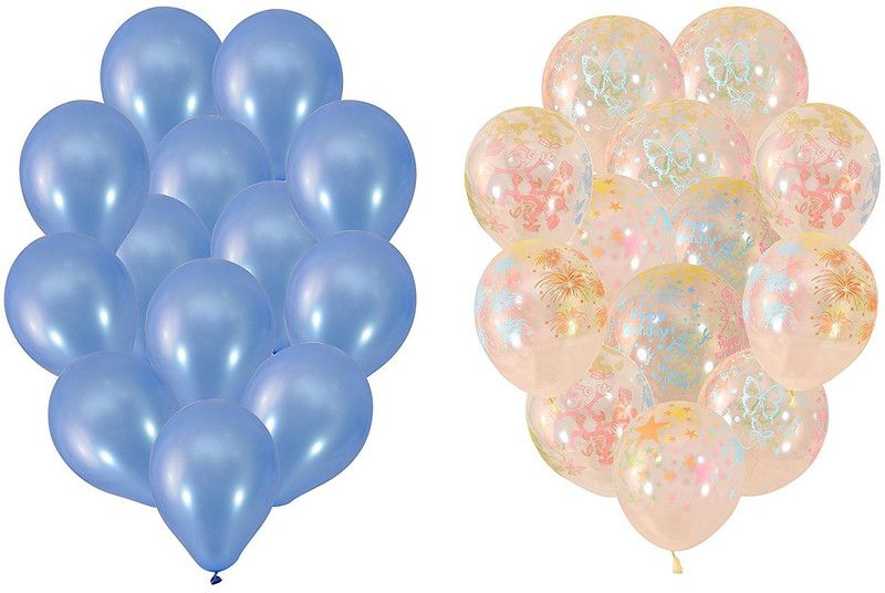 Instabuyz Printed Balloons for Party Festival Diwali Christmas Decorations New Years Celebrations Birthday Party 15pcs Blue & 15pcs white transparent (30pcs set) Balloon  (Blue, White, Pack of 30)