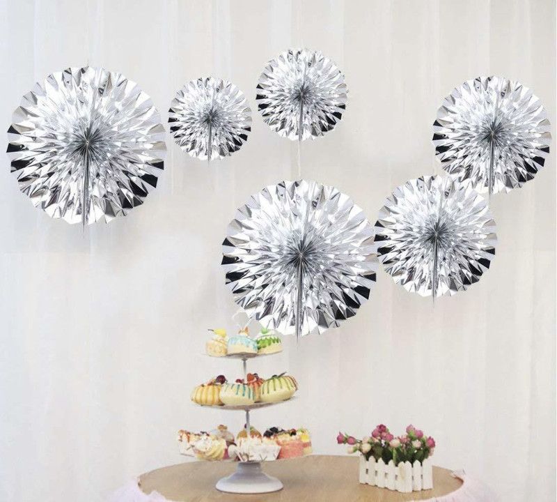 Shopperskart Silver Paper Fans for first birthday/anniversary/wedding/party/photobooth indoor/outdoor Wall Decorations