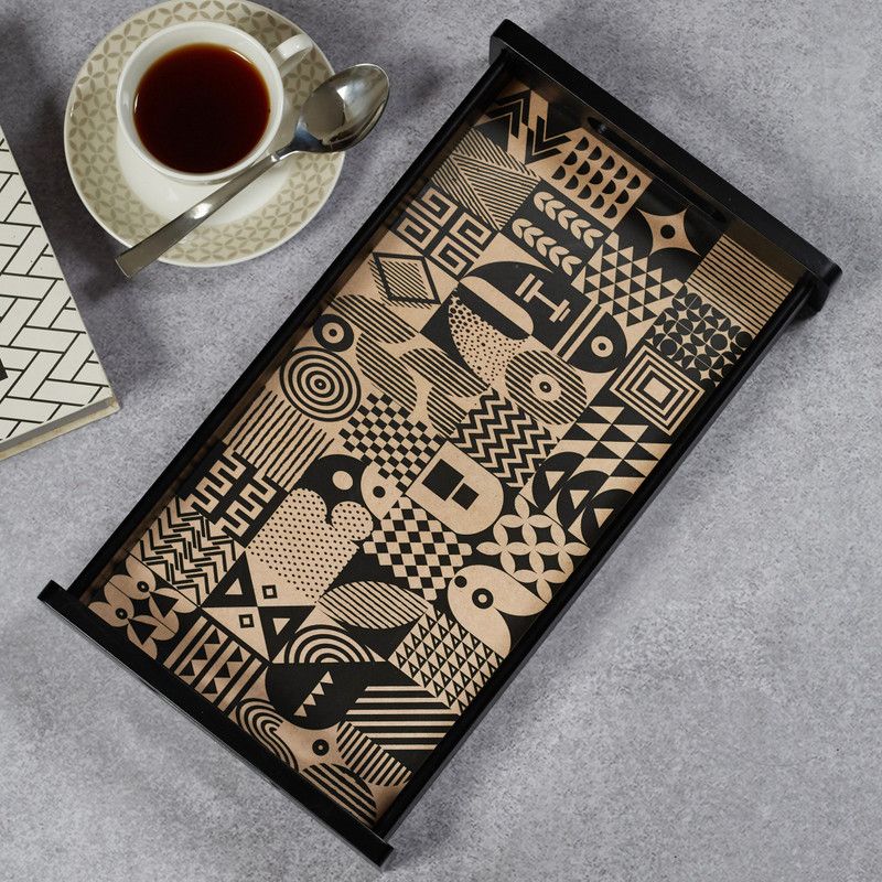 Hometown Print Modern Black Engineered Wood Tray Small in Multi Colour Tray
