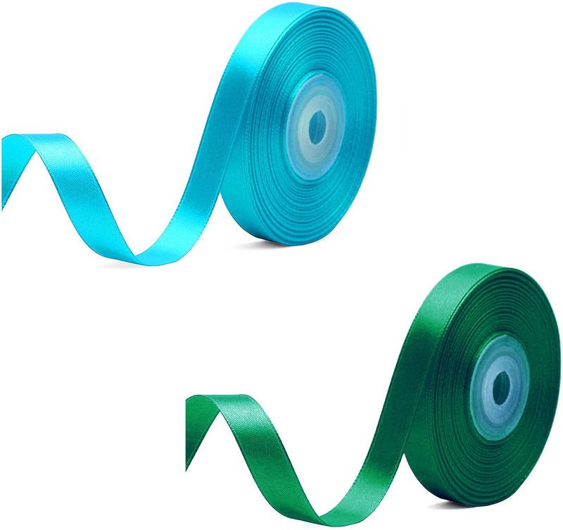 Adhvik Pack of 2 (1.2cm X 18 Mtr) Satin Ribbon for Party Decorations (Blue & green) Multicolor Satin Ribbon  (Pack of 2)