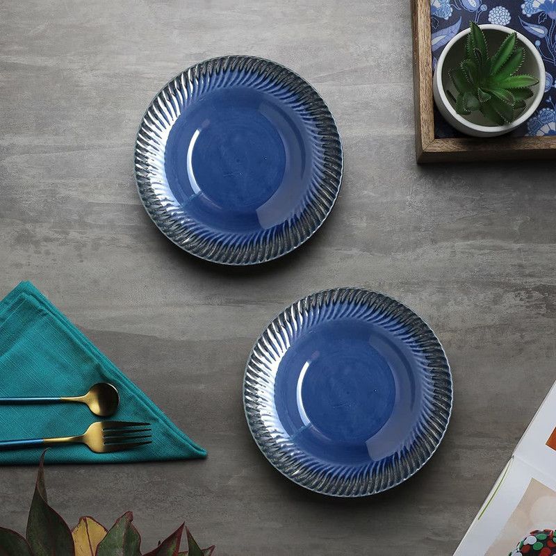 Crok Chok Hand-Painted Pasta Plate| Soup Plate | Snack Plate | Size 7 inch |Microwave Safe, Oven Safe |Set of 2 Plates (Blue) Half Plate  (Pack of 2, Microwave Safe)