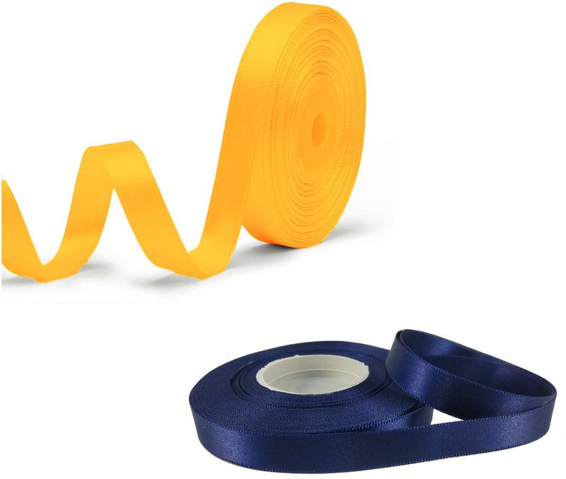 Adhvik Pack of 2 (1.2cm X 18 Mtr) Satin Ribbon for Gift Wrapping (yellow & Dark Blue) Multicolor Satin Ribbon  (Pack of 2)