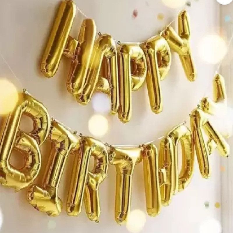Kaliram & Sons Solid GOLDEN FOIL BIRTHDAY BALLOONS WITH AIR PIPE Letter Balloon  (Gold, Pack of 13)