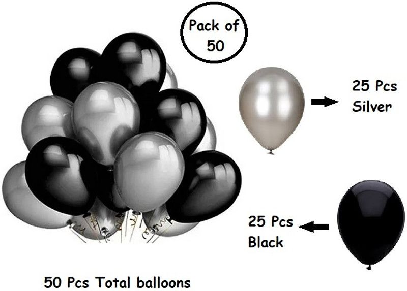 Om Sales Solid Black & Silver Metallic Balloons Combo for party & Decoration Balloon  (Black, Silver, Pack of 50)